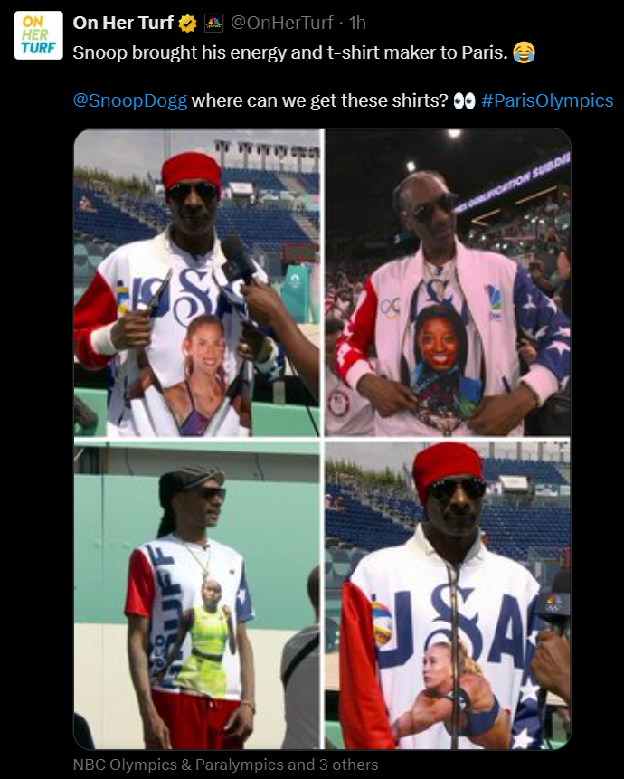 player - On Her On Her Turf 1h Turf Snoop brought his energy and tshirt maker to Paris. Snoop Dogg where can we get these shirts? Usa Nbc Olympics & Paralympics and 3 others